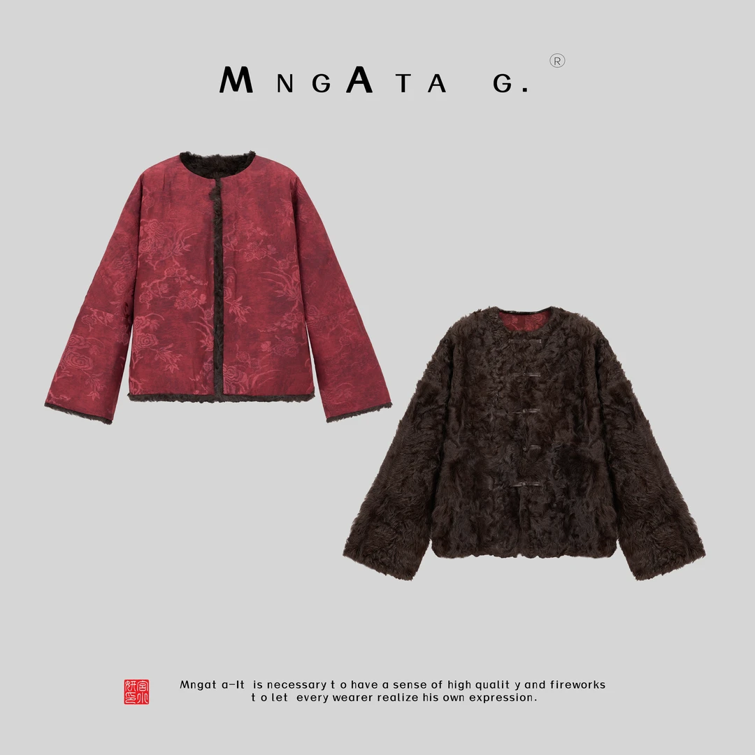 MNGATA G.宫小妍【曼奢·榛果】象羔羊皮一体新中式外套秋冬X280556