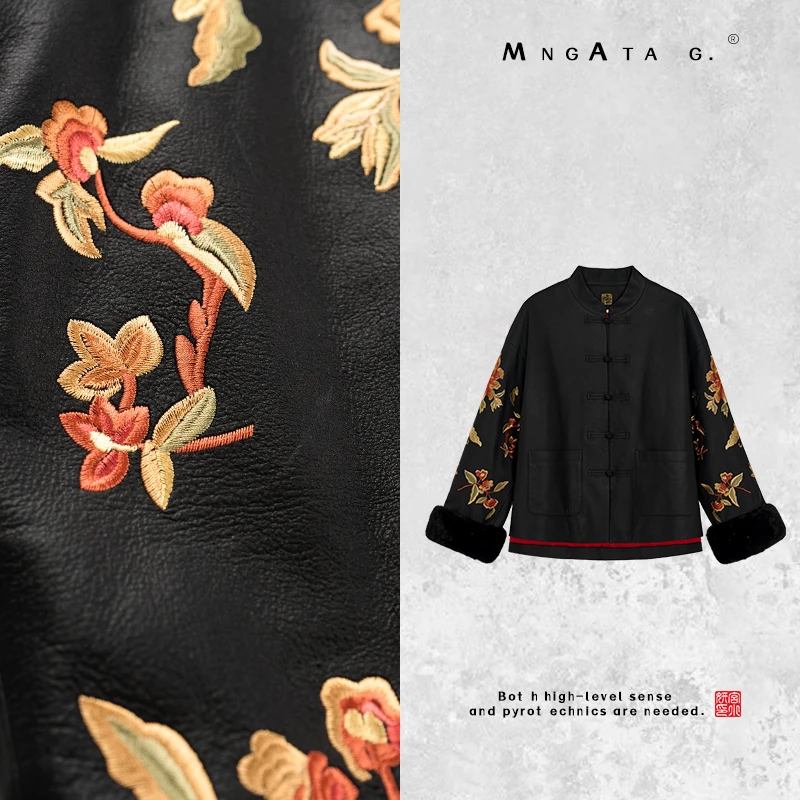 MNGATA G.宫小妍【曼奢·岁岁年年】羊皮拼水貂中式外套秋冬X280531