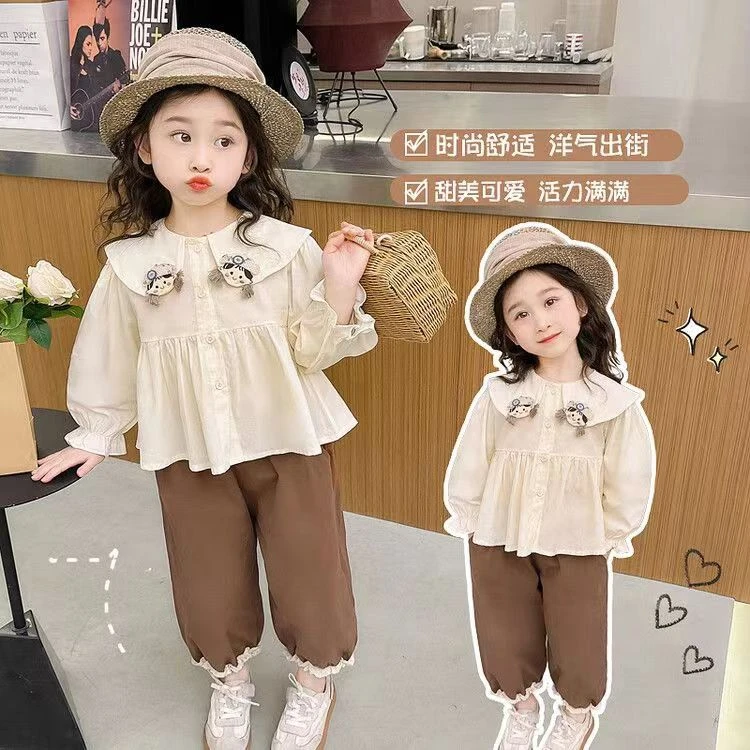 女小童长袖娃娃衫套装春秋款洋气时尚新款宝宝春季休闲裤两件套潮