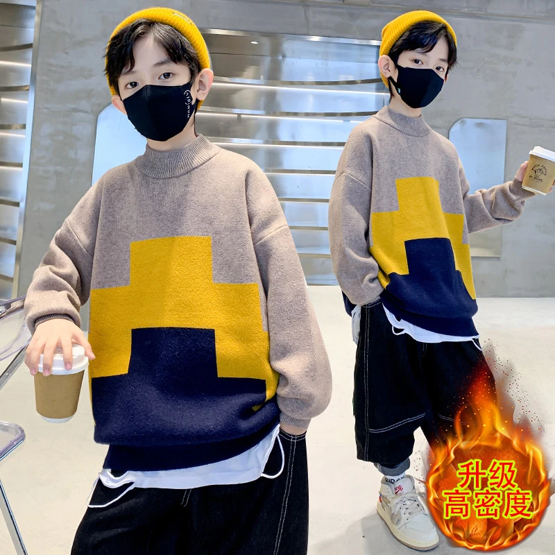 儿童深秋冬季2023新款休闲潮酷款加绒加厚毛衣中大童秋冬款针织衫