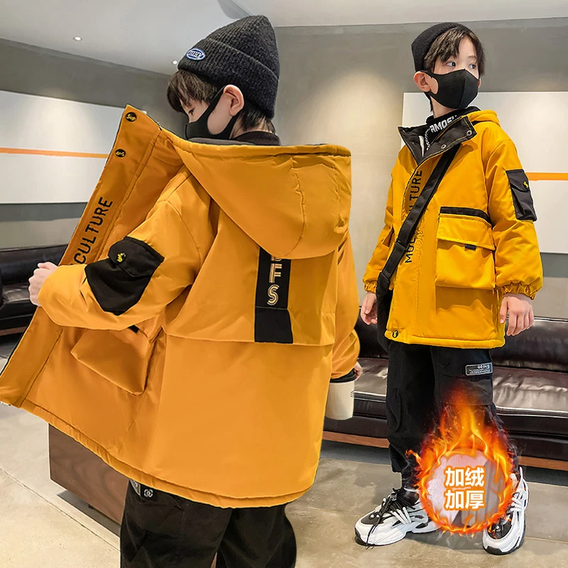 男童冬季加绒加厚工装外套2023新款秋冬款男孩炸街中大童韩版外衣