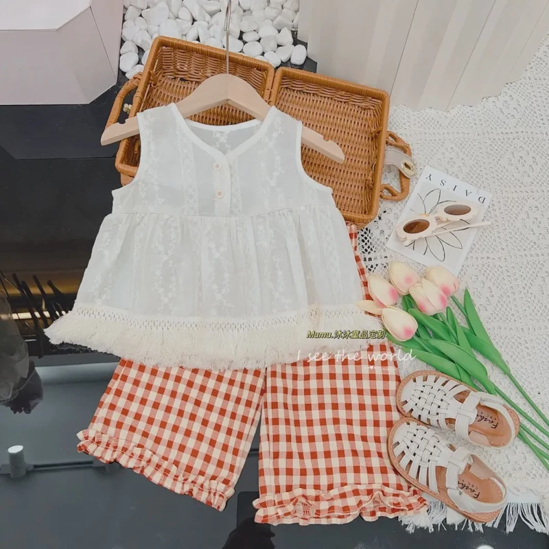 女童背心蕾丝流苏格子裤套装新款2024韩版洋气薄清新可爱两件套潮