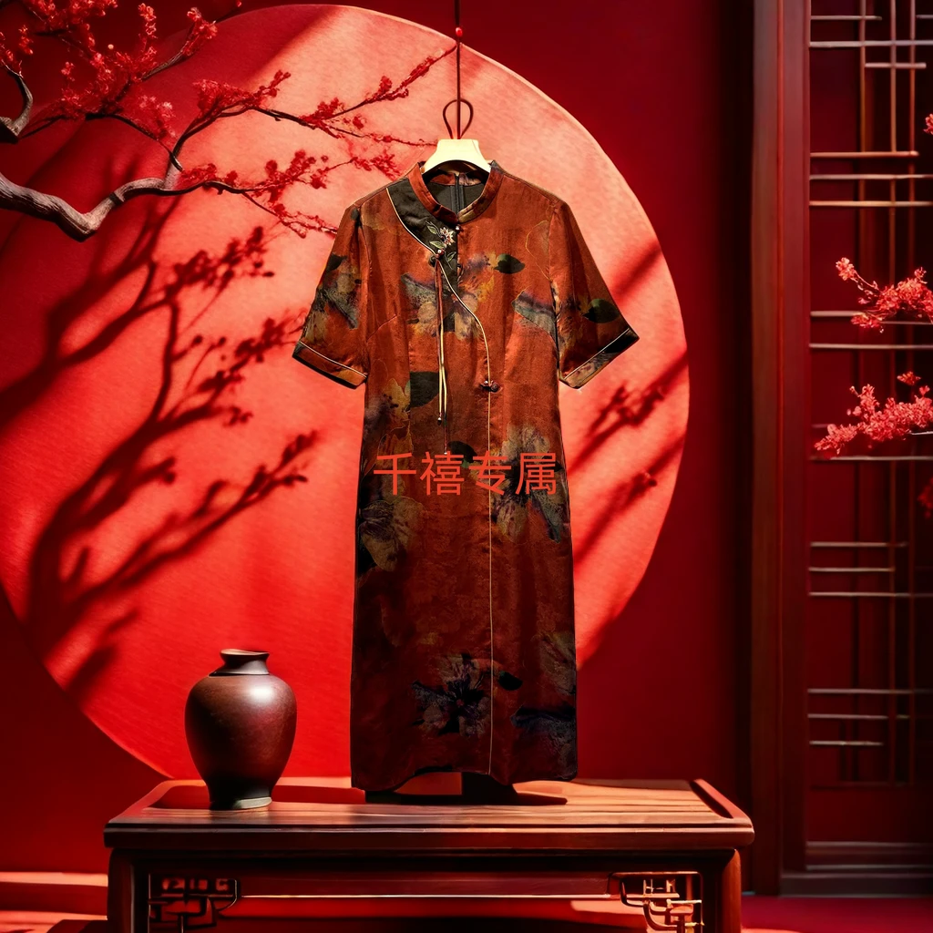 【千禧专属】149香云纱气质夏季复古重磅中式拓印中长款旗袍裙