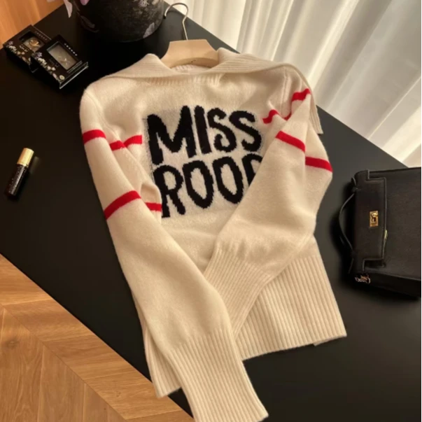 D家字母logo提花混纺海军领修身时尚气质针织毛衣女