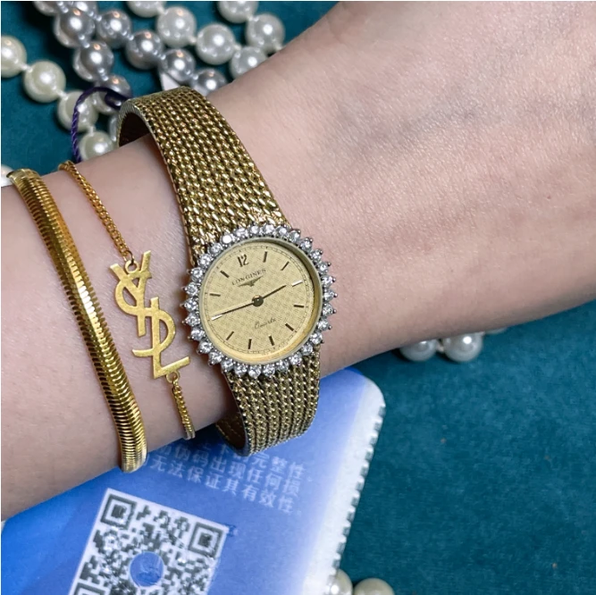 95新 Longines/浪琴 -31中古复古/麦穗金表带/外圈镶钻/24mm女表
