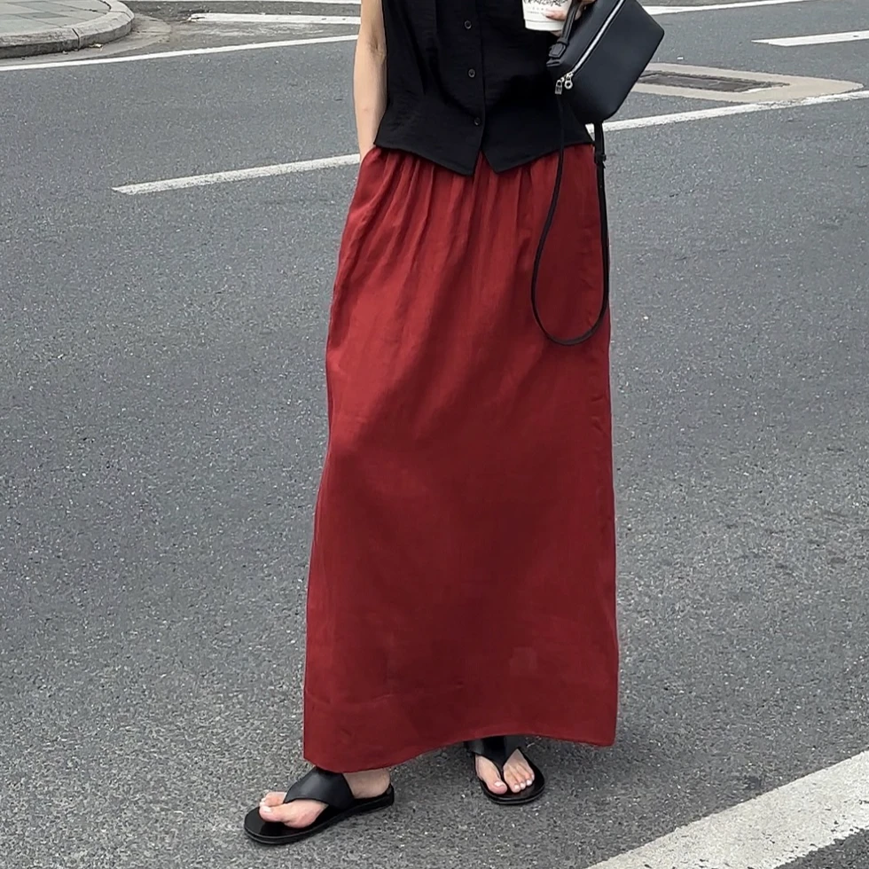 夏季新款赫本风红色高腰垂感A字裙女梨形胖MM松紧腰双开衩半裙