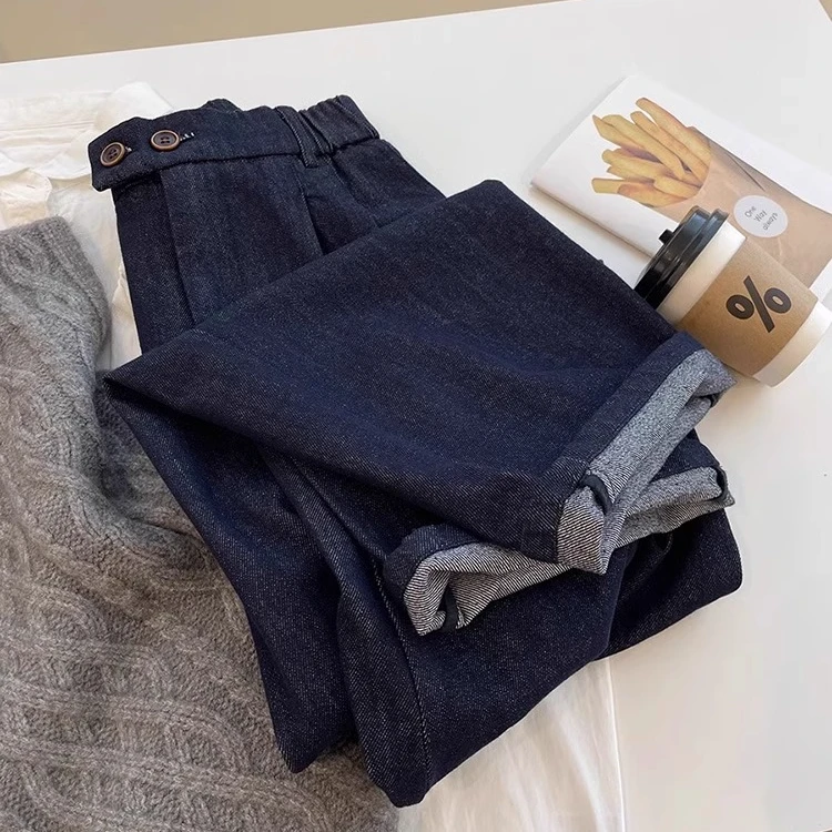 夏季新款时尚牛仔裤女百搭复古松紧腰高腰宽松奶奶裤阔腿休闲裤