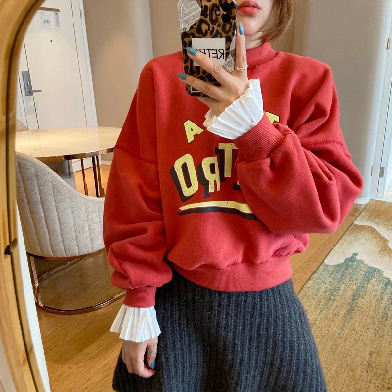 韩国东大门秋冬新款加绒圆领假两件暗红色百搭卫衣女短款时髦