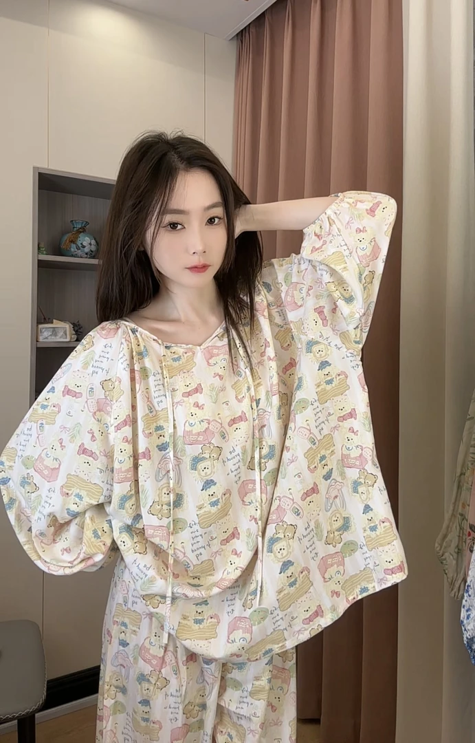 甜美棉绸居家睡衣套装长袖休闲卡通大码时尚女士舒适外穿宽松睡衣