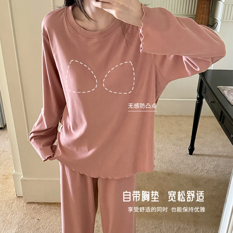 秋冬季睡衣女纯色圆领套装韩版松弛感磨毛大码宽松可外穿家居服