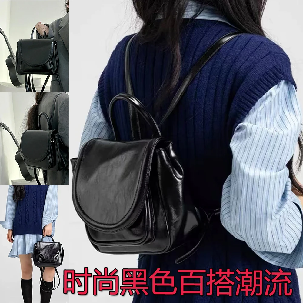 时尚设计小众复古网红女士黑色休闲双肩包百搭潮流通勤手提包便携
