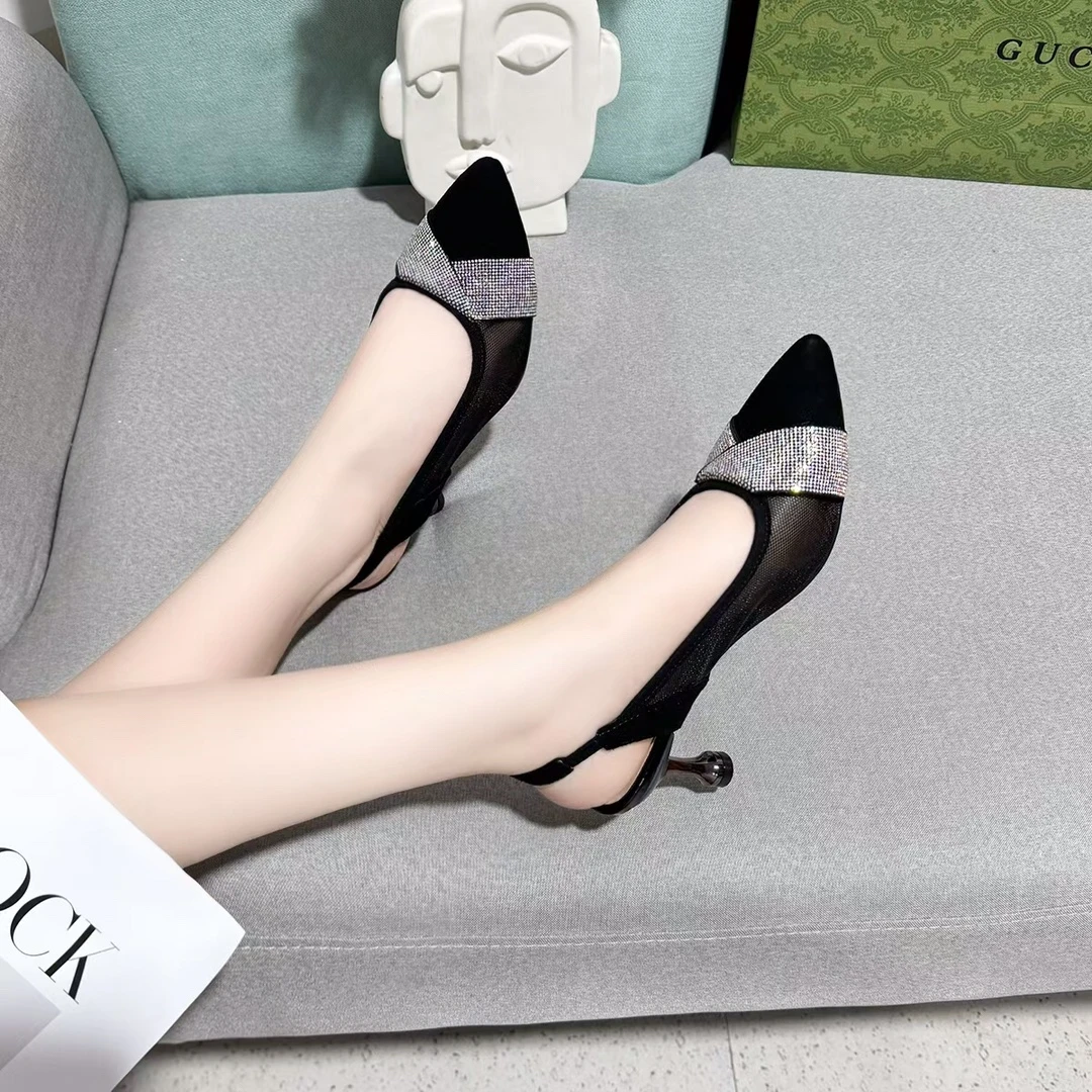2024夏季爆款尖头浅口高跟鞋网纱凉鞋洋气细跟镂空一脚蹬真皮女鞋