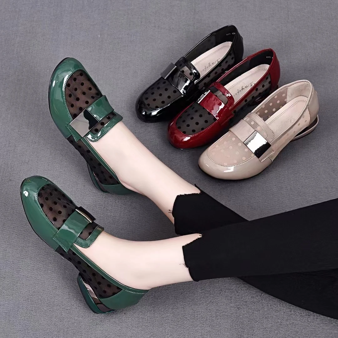 真皮平底单鞋女2023年新款软底网纱夏季透气百搭一脚蹬漆皮乐福鞋
