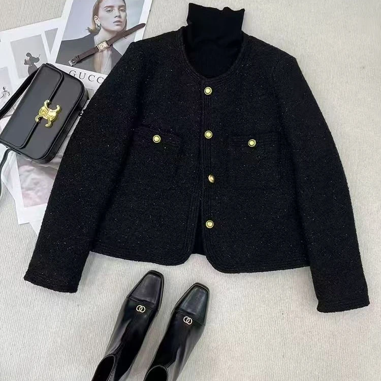2024秋冬季黑色轻奢名媛气质加厚毛呢小香风外套女