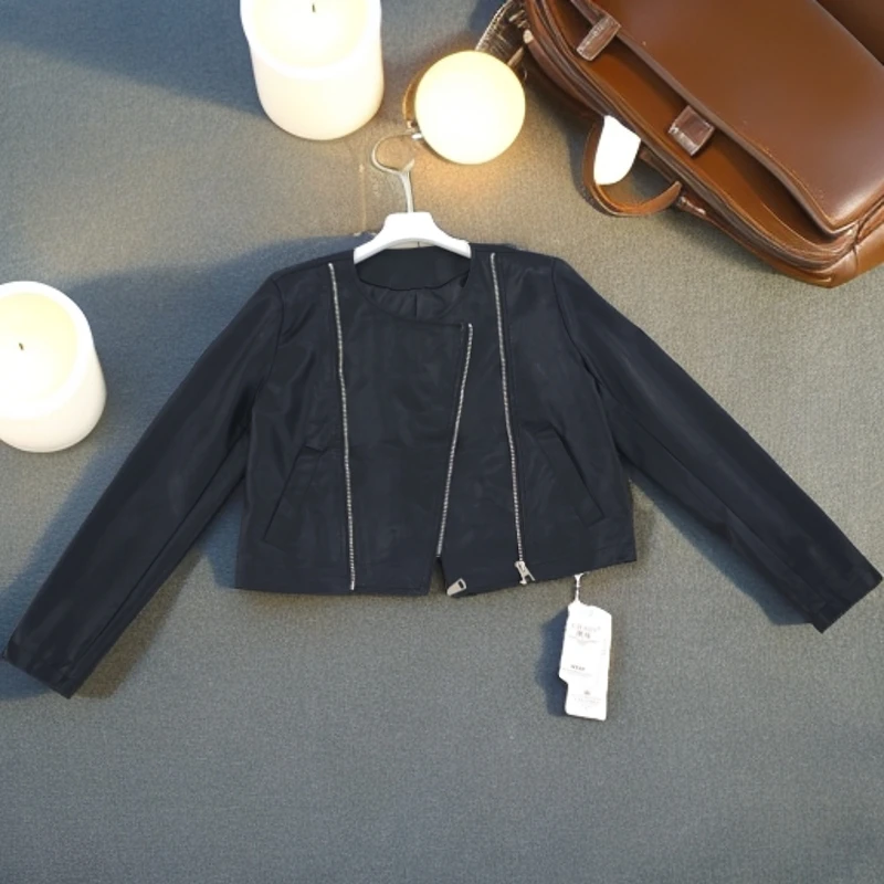 皮衣外套女短款秋装新款时尚圆领百搭长袖pu皮夹克38086#