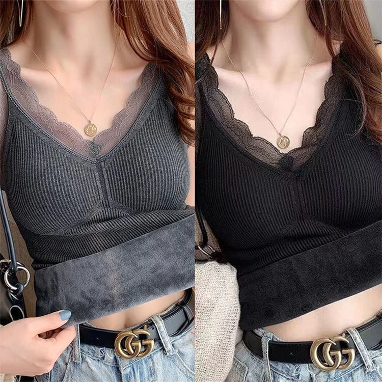 蕾丝大码舒适保暖背心女士加绒内衣显瘦修身自带胸垫打底衫秋冬女