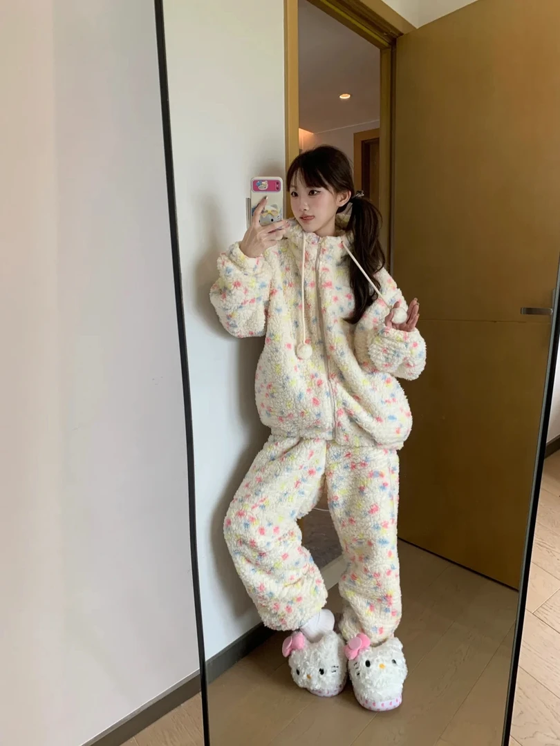 睡衣女秋冬季ins慵懒韩版甜美学生宽松加绒加厚毛绒居家保暖套装