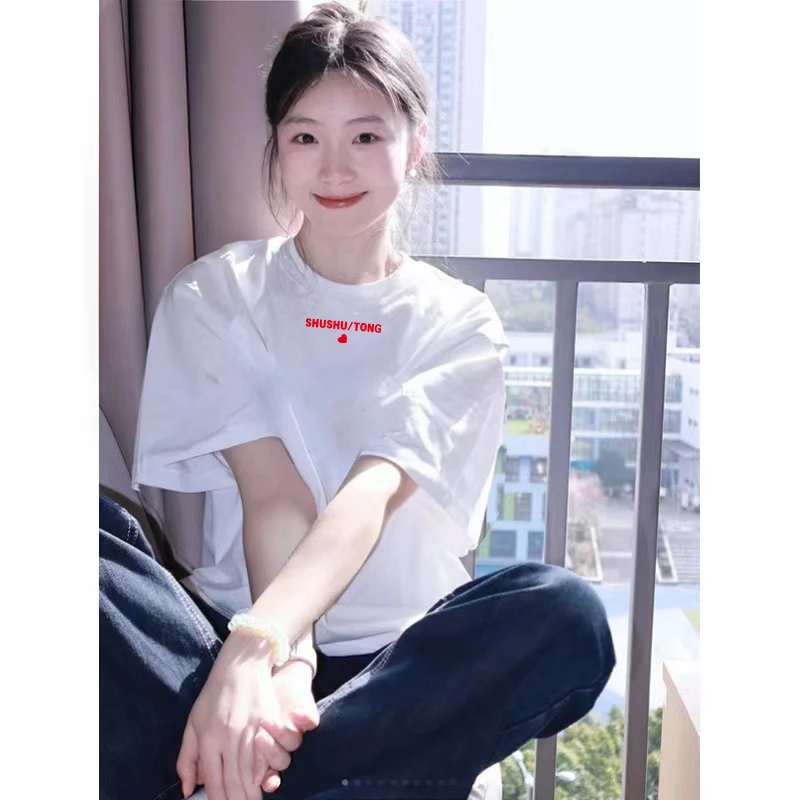 纯棉白色短袖t恤女爱心夏季新款ins潮设计感小众宽松港味chic半袖