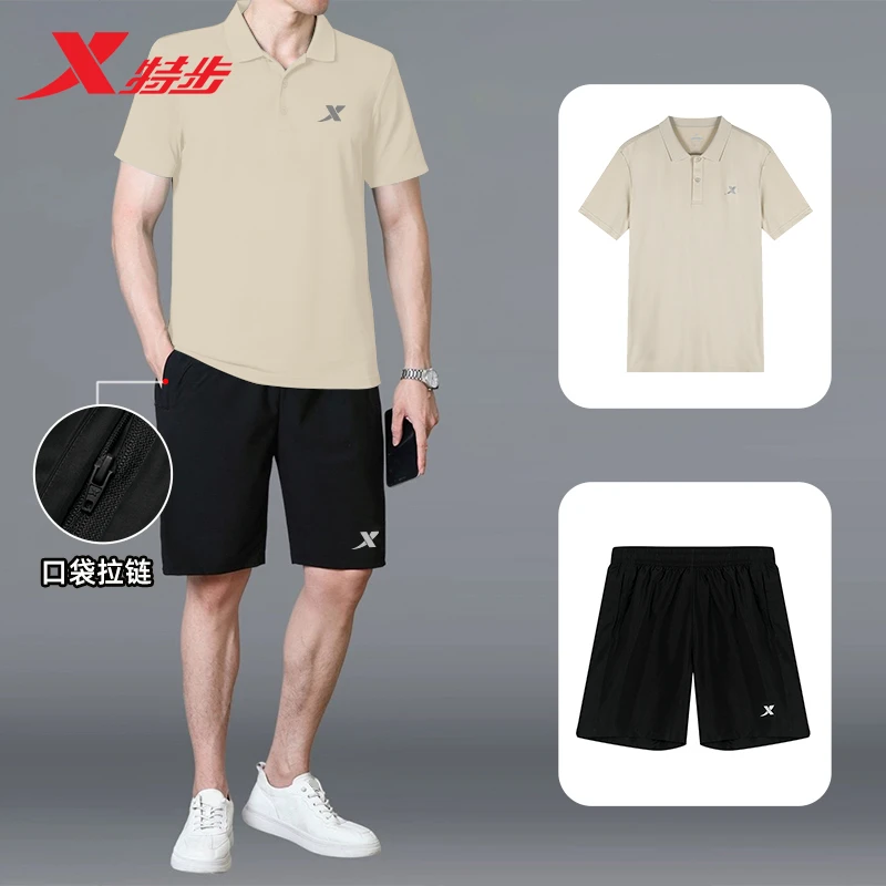 特步POLO衫运动套装男冰丝速干短袖t恤男中老年宽松短裤清凉薄款