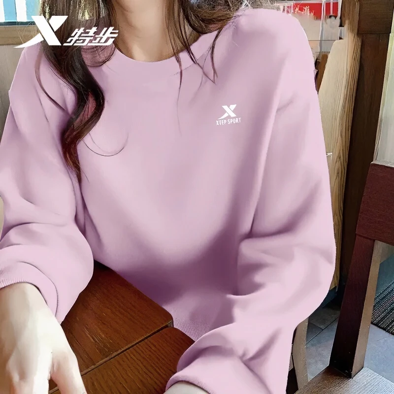 特步卫衣女2025秋季大码宽松正品休闲运动上衣棉质圆领针织套头衫