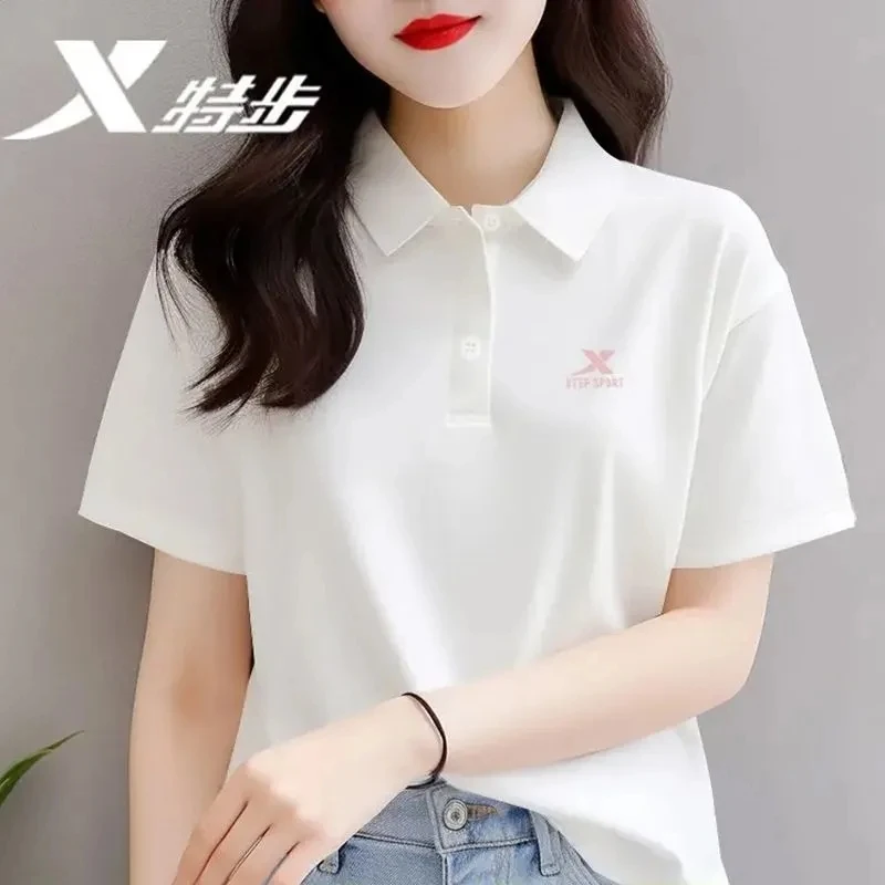 特步短袖女夏季宽松翻领时尚透气冰丝运动T恤休闲白色女士polo衫