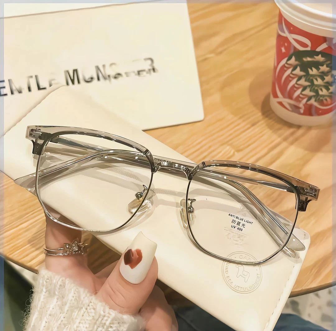 时尚新款椰子灰复古半框近视眼镜防蓝光可配度数潮显瘦平光镜韩版