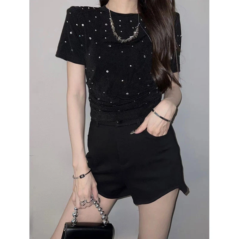 2025夏季新款垫肩正肩薄款圆领短袖T恤女欧货重工设计烫钻t恤女