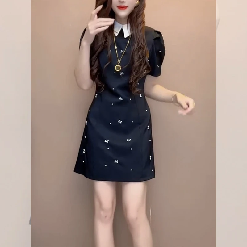 夏季新款时尚收腰显瘦拉链Polo领连衣裙设计感法式气质减龄A字裙