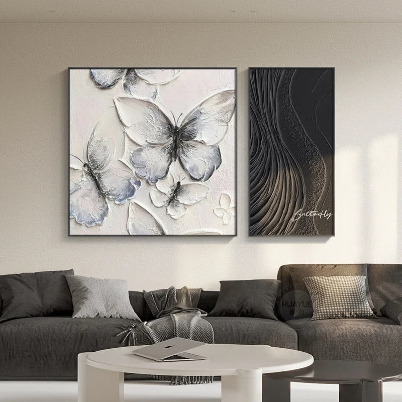 颂雅家饰【黑白蝴蝶餐厅二联装饰画】现代高级感肌理风饭厅高档餐桌