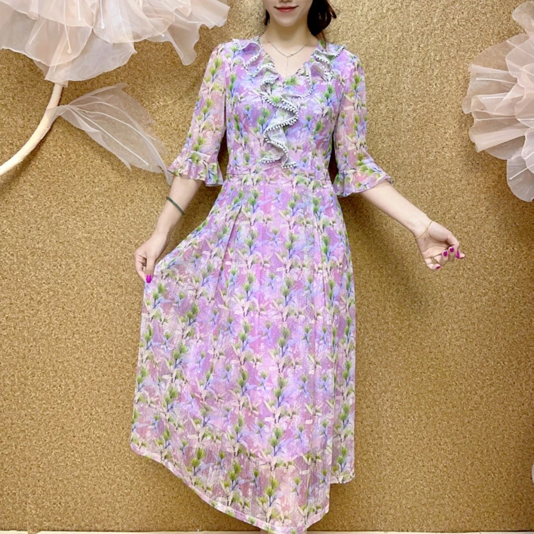 S 1028#2023新款夏装气质优雅时尚修身显瘦妈妈装中袖减龄连衣裙