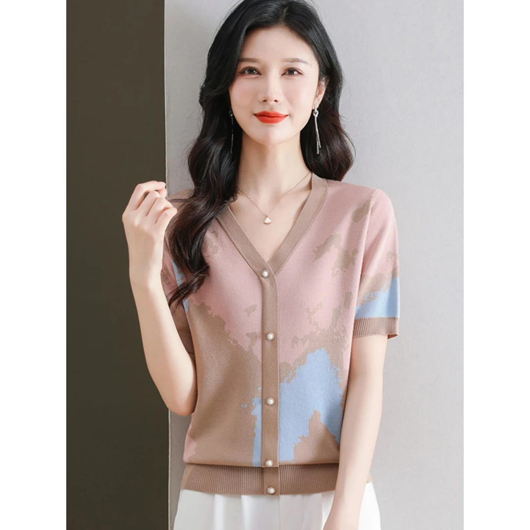 V领天丝短袖V领薄针织衫女夏装撞色冰丝上衣宽松小衫气质妈妈大码