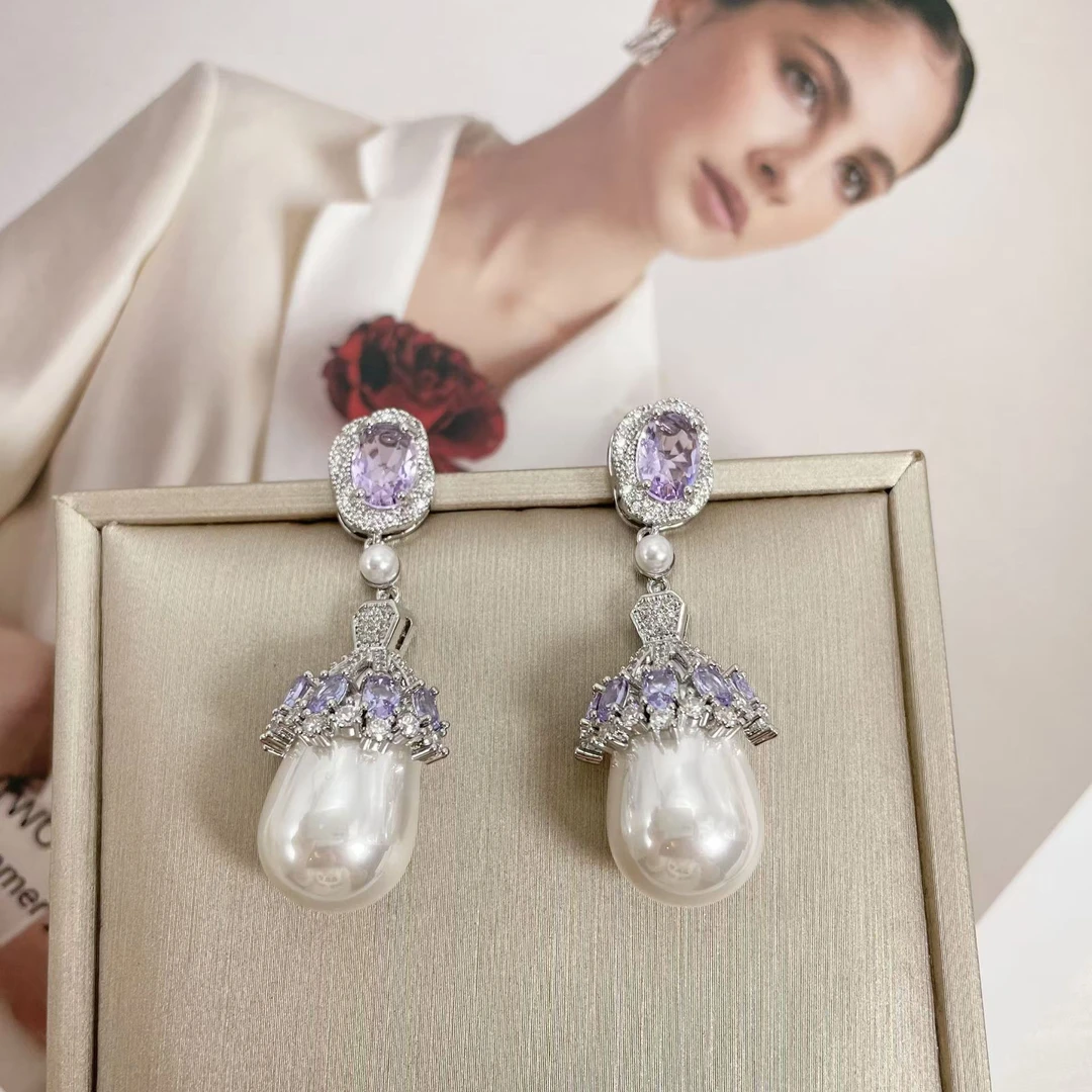 铜合金锆石耳饰 350白色时尚法式宫廷轻奢气质珠珠欧美潮流耳环