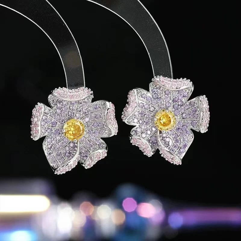 铜合金锆石耳饰 545法式甜美太阳花立体优雅气质时尚微镶满锆耳饰
