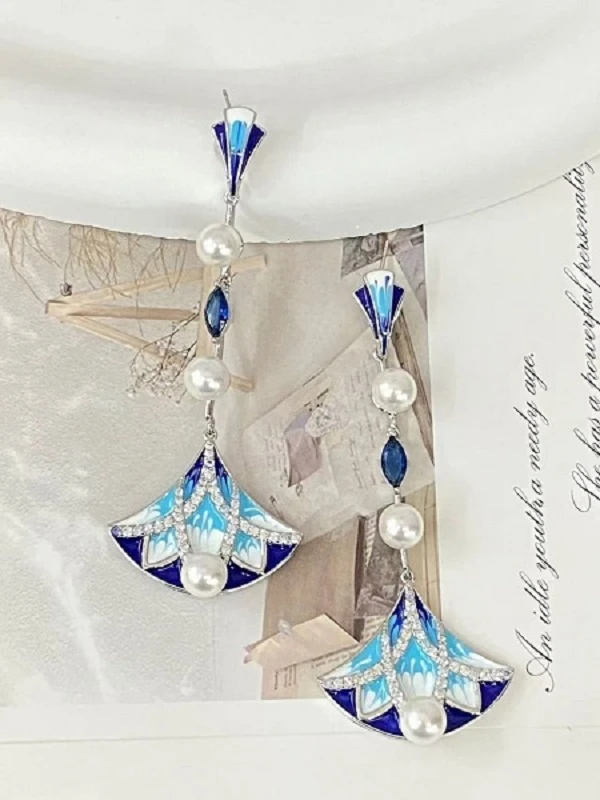 铜合金锆石耳饰 089中古睡莲微镶锆石长款气质复古国风流苏耳环