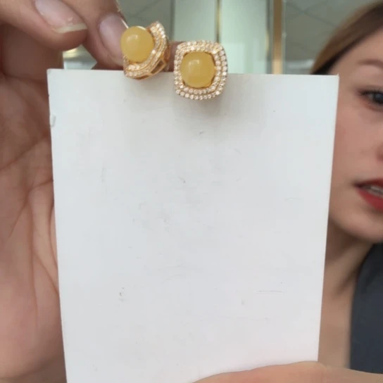 琥珀裸石银S925镶嵌耳钉