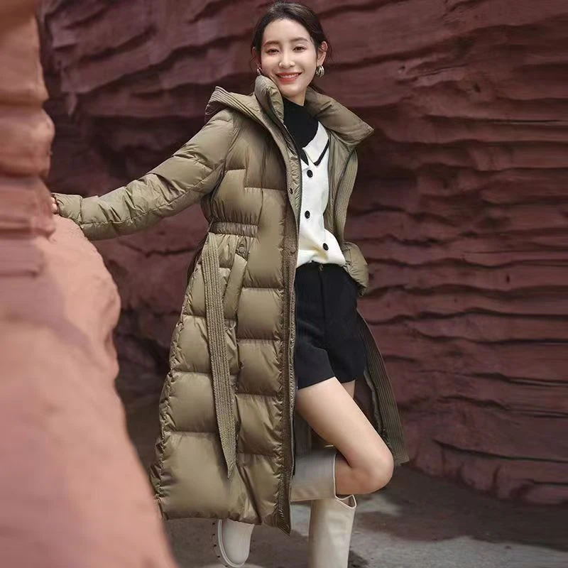 反季羽绒服女加厚2024年冬季新款修身收腰显瘦过膝长款白鸭绒外套