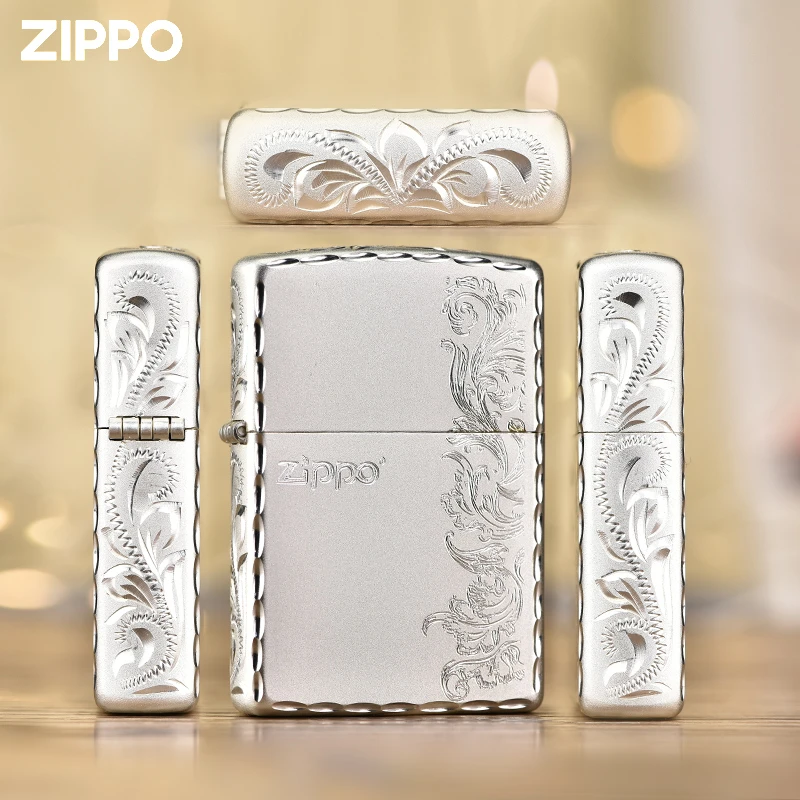zippo打火机正版原装正品镀银三面手雕唐草