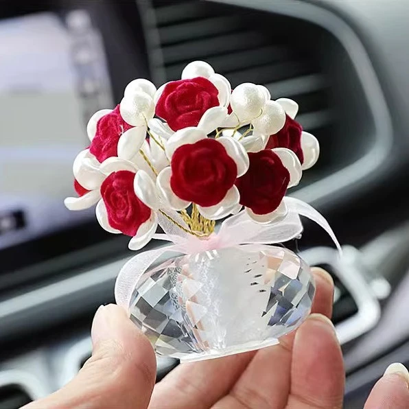 创意车载装饰精致装饰香水香薰增香摆件水晶浪漫玫瑰花车载装饰