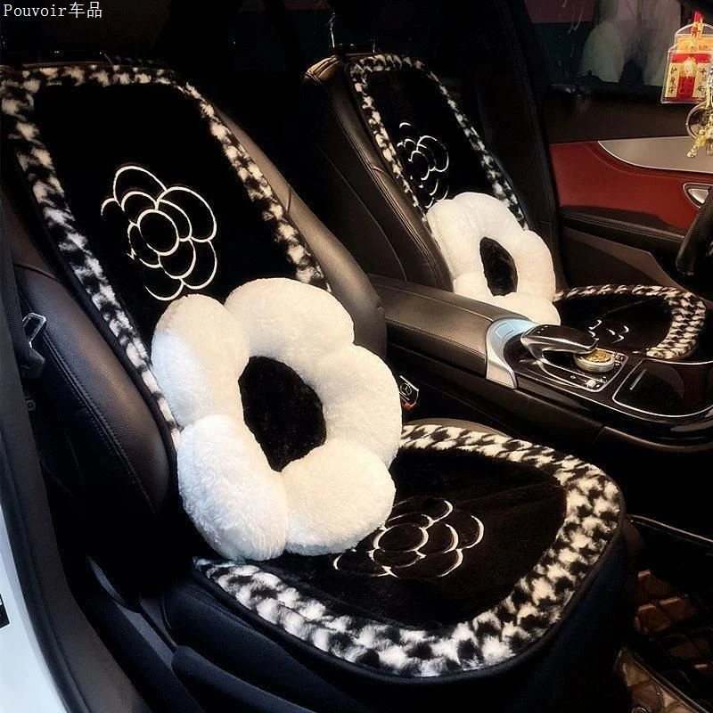 汽车坐垫秋冬季毛绒山茶花座椅加绒加热四季通用女士保暖车内座垫