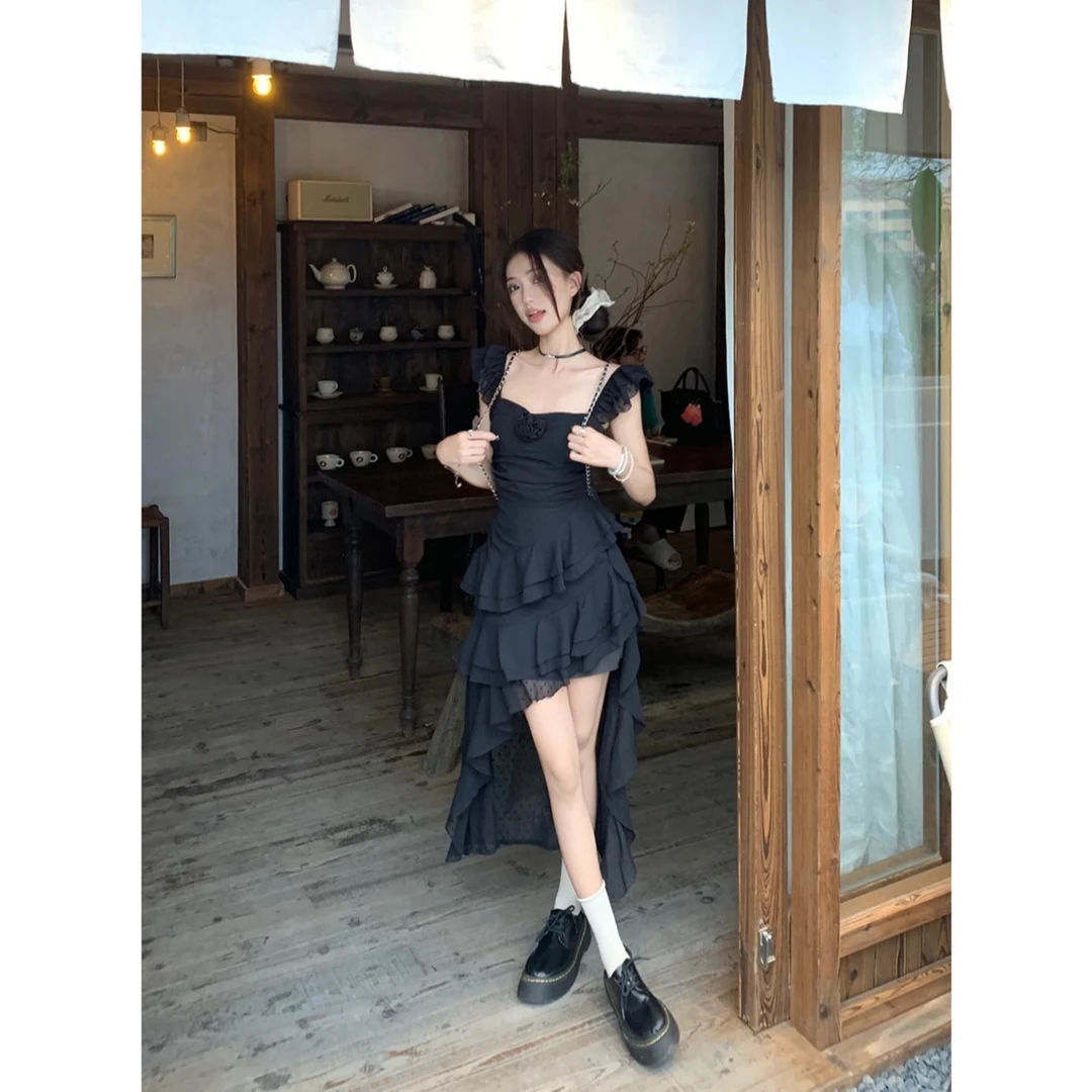 法式白色波点吊带连衣裙女装夏季生日裙子收腰蛋糕裙不规则拖尾裙