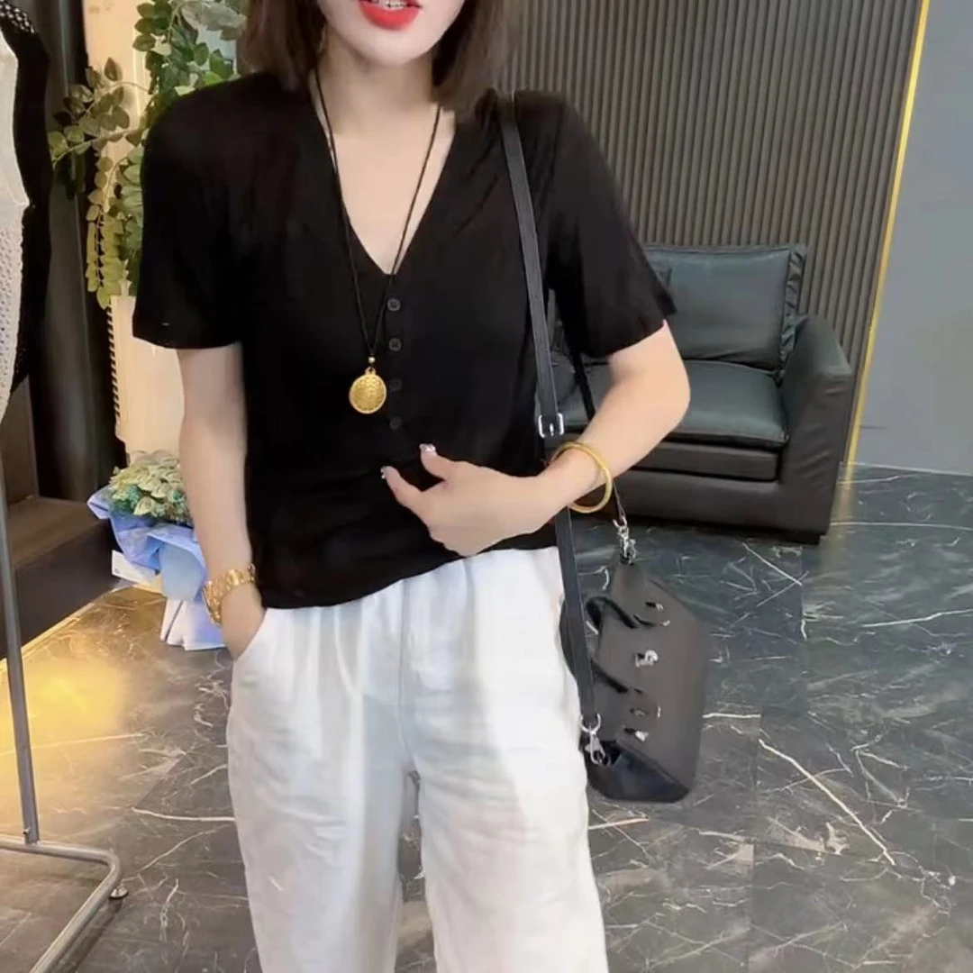 新款洋气显瘦V领百搭上衣小衫【微透】
