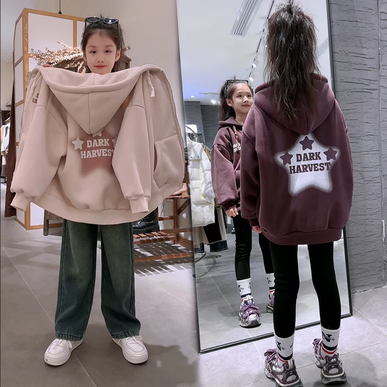 女童秋冬季外套2025新款韩版连帽冬装洋气中大童潮衣网红宽松