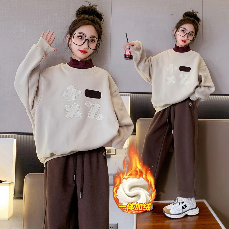 女童运动套装冬季2023新款儿童洋气时髦秋冬女大童加厚卫衣两件套