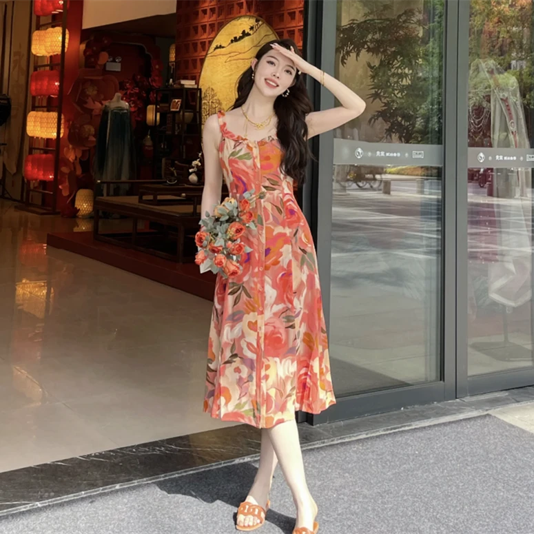 【专柜品质】夏季清新A字单排扣无袖印花吊带连衣裙女1500528