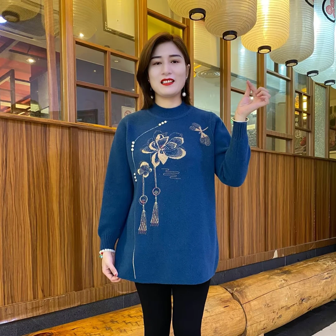 冬季新款时尚加大加肥国风纯色百搭气质妈妈装高档毛衣