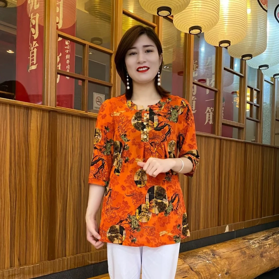 2025春夏爆款时尚洋气印花百搭圆领宽松中袖小衫
