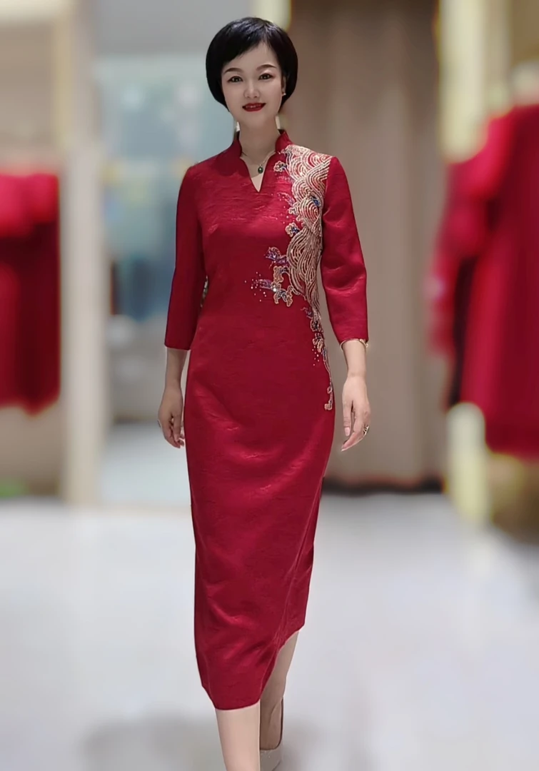 17859朱紫褕喜妈妈七分袖气质礼服婚宴喜婆婆装复古