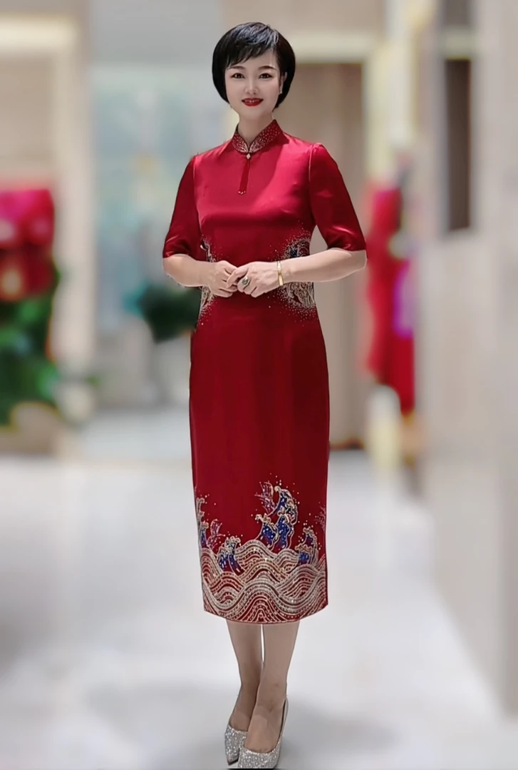 17858朱紫褕三醋酸面料刺绣款双喜临门喜婆婆喜妈妈婚宴旗袍