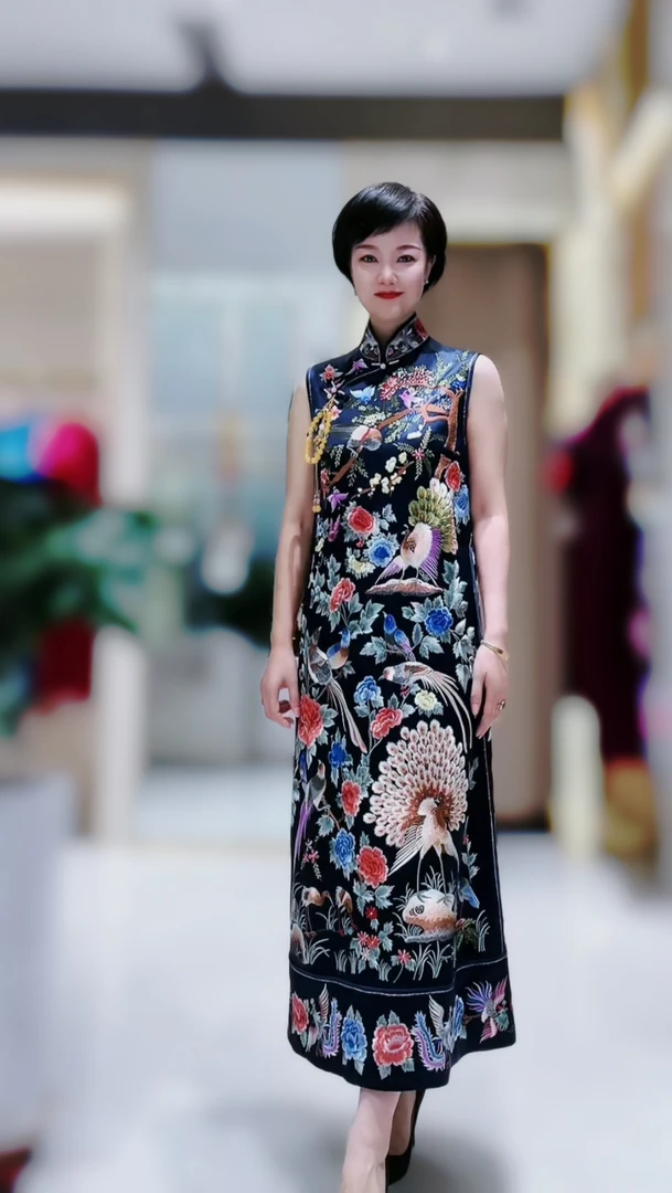 19999六礼藏青色三醋酸面料高订款重工刺绣国风潮款连衣裙中式