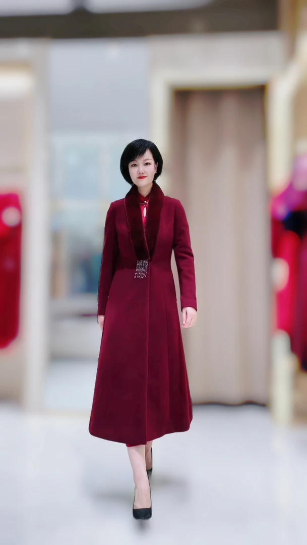 33099六礼安哥拉红绵羊毛水貂领喜婆婆妈妈礼服大衣外套日常可穿